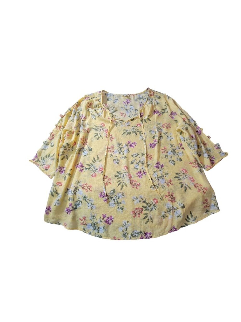 Como Blu Womens Yellow Floral Print Tunic Top 3X With Tie Neck & Ruffle Sleeves
